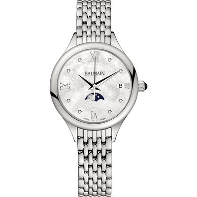 BALMAIN WATCHES Mother-of-Pearl Diamond Moon Phase Bracelet Watch, 31mm in Stainless Steel 