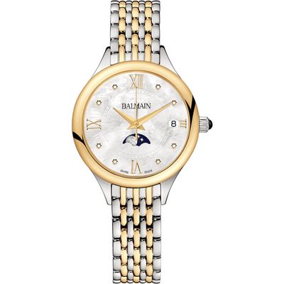 BALMAIN WATCHES Two-Tone Diamond Moon Phase Bracelet Watch, 31mm in Stainless Steel/Yellow 