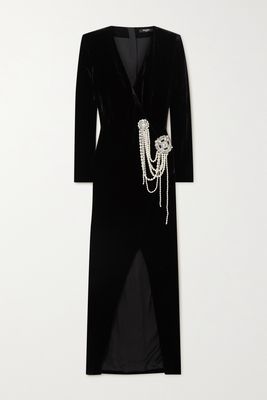 Balmain - Wrap-effect Crystal And Faux Pearl-embellished Velvet Gown - Black