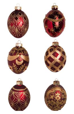 Balsam Hill Brilliant Bordeaux Set of 6 Glass Ornaments in Red/Gold