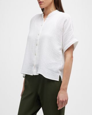 Band-Collar Button-Down Gauze Shirt