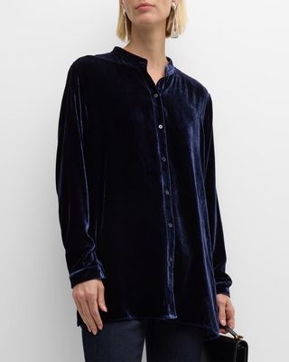 Band-Collar Button-Down Velvet Shirt