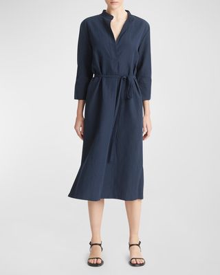 Band-Collar Cotton and Linen Belted Midi Dress