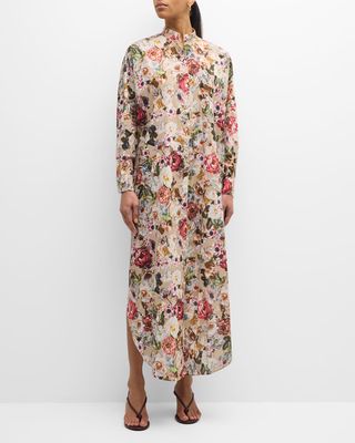 Band-Collar Flower-Print Voile Long-Sleeve Maxi Caftan Dress