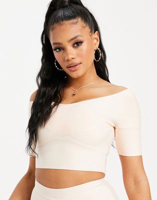 Band Of Stars premium bandage off shoulder crop top in cream-White