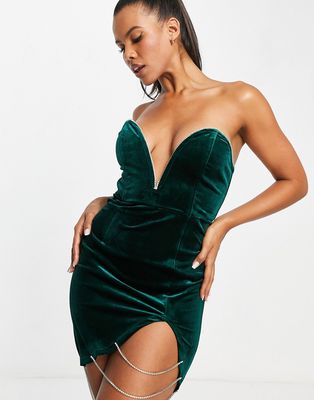 Band Of Stars premium velvet plunge front mini dress with embellished trim in emerald green
