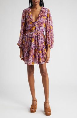 Banjanan Florence Floral Ruffle Long Sleeve Organic Cotton Dress in Violet