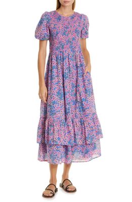 Banjanan Quant Floral Print Cotton Voile Dress in Dazzling Blue