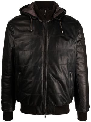 Barba funnel-neck leather hooded jacket - Brown