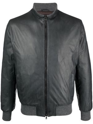 Barba high-neck zipped leather jacket - Blue