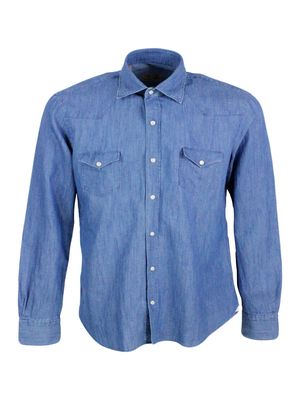 Barba Napoli Dandylife Shirt In Light Denim With Hand-stitched Italian Collar And Front Pocket Counters. The Buttons Are In Mother-of-pearl Snaps