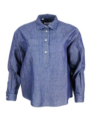 Barba Napoli Lightweight Denim-effect Pull-on Shirt In Linen Cotton With Four Buttons And Chest Pocket