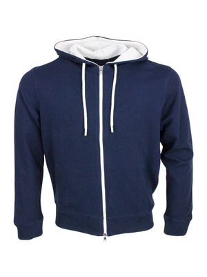 Barba Napoli Lightweight Stretch Cotton Sweatshirt With Hood With Contrasting Color Interior And Zip Closure