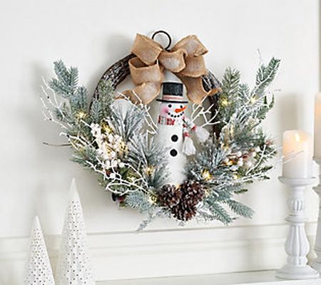 Barbara King 22" Illuminated Snowman Wreath