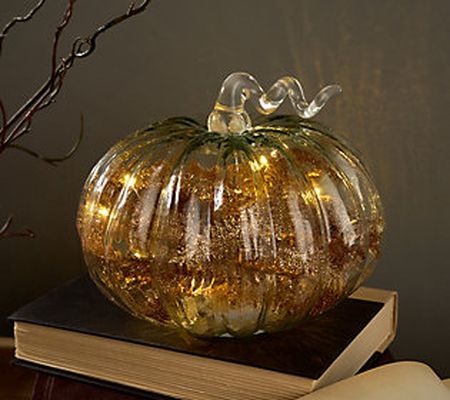 Barbara King Glass Pumpkin with Illuminated Glittered Fern
