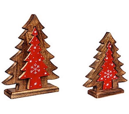 Barbara King S/2 Wooden Snowflake Trees w/ Remo veable Centers