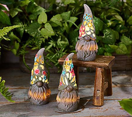 Barbara King S/3 Illuminated Faux Stone 8" Garden Gnomes