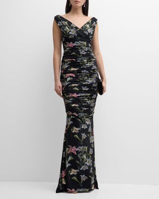 Barbe Ruched Floral-Print Mermaid Gown