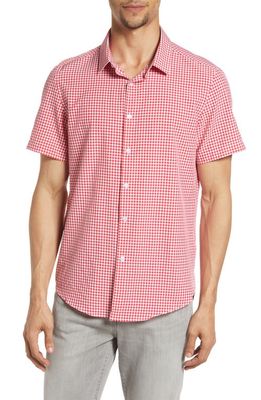Barbell Apparel Men's Motive Check Stretch Short Sleeve Button-Up Shirt in Red Gingham