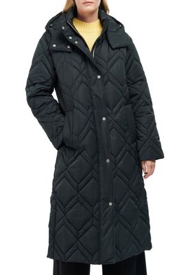 Barbour Cassius Quilted Hooded Coat in Black/Ancient Fern Tartan