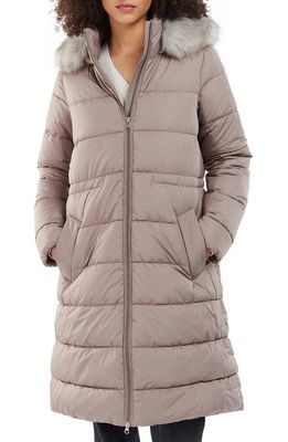 Barbour Francesca Quilted Hooded Puffer Coat with Faux Fur Trim in Doeskin/Mono Tartan