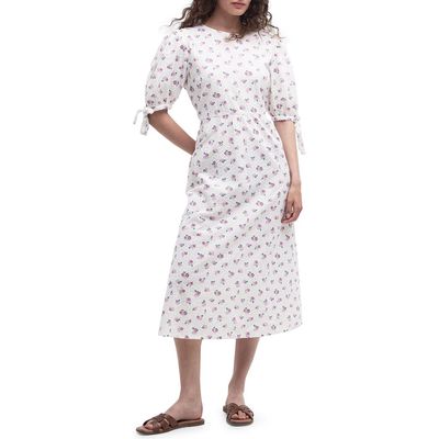 Barbour Goodleigh Floral Puff Sleeve Cotton Midi Dress in White/pink Flowers