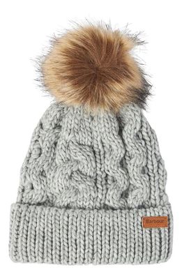 Barbour Kids' Penshaw Cable Knit Faux Fur Pom Beanie in Light Grey