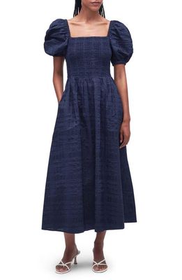 Barbour Macy Shirred Check Puff Sleeve Cotton Midi Dress in Navy