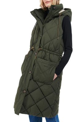 Barbour Orinsay Quilted Hooded Longline Vest in Sage/Ancient