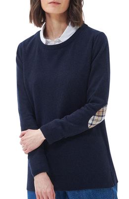 Barbour Pendle Elbow Patch Wool & Cotton Crewneck Sweater in Navy/Fawn