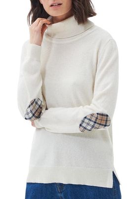 Barbour Pendle Elbow Patch Wool & Cotton Turtleneck Sweater in Cream/Fawn