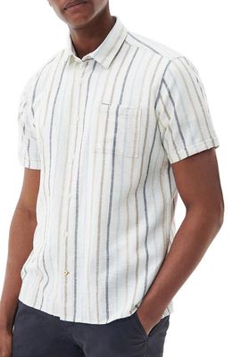Barbour Roker Stripe Short Sleeve Cotton & Linen Button-Up Shirt in Ecru