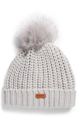 Barbour Saltburn Beanie with Faux Fur Pom in Ice White