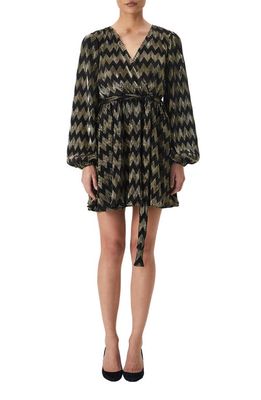 Bardot Amity Metallic Chevron Long Sleeve Mini Wrap Dress in Black/Gold
