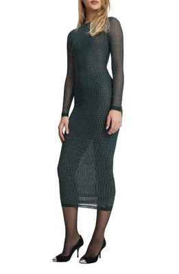 Bardot Atlas Diamante Long Sleeve Body-Con Midi Dress in Forest Green