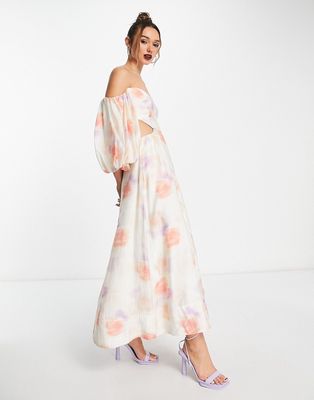 Bardot balloon sleeve cut-out maxi dress in painterly floral-Multi