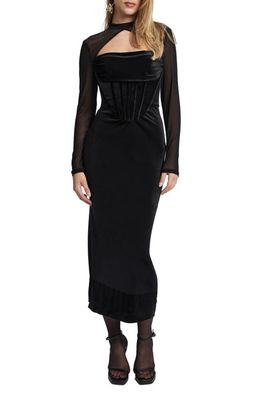 Bardot Castila Cutout Long Sleeve Corset Bodice Velvet Dress in Black