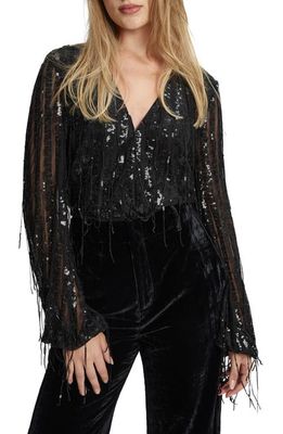 Bardot Celestial Sequin Fringe Wrap Bodysuit in Black