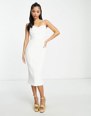 Bardot corseted lace midi dress in ivory-White