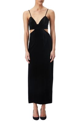 Bardot Cutout Velour Midi Dress in Black
