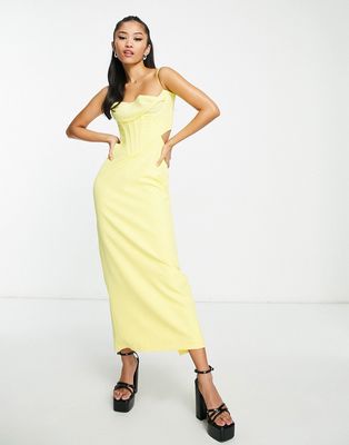Bardot drape woven corset midaxi dress in lemon-Yellow