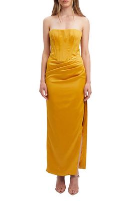 Bardot Everlasting Corset Strapless Satin Gown in Marigold