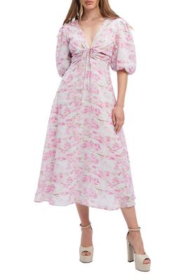 Bardot Farlow Floral Puff Sleeve Midi Dress in Pink Mist