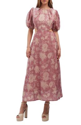 Bardot Fontana Floral Puff Sleeve Cutout Midi Dress in Dusty Rose