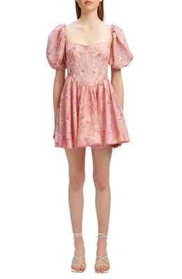 Bardot Kiah Floral Print Corset Puff Sleeve Minidress in Pink Garden