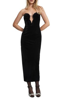 Bardot Lilah Strapless Stretch Velvet Midi Dress in Black