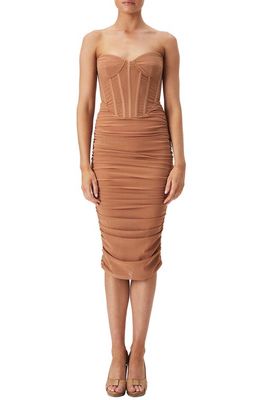Bardot Lithium Corset Bodice Ruched Strapless Mesh Midi Dress in Nude Pink
