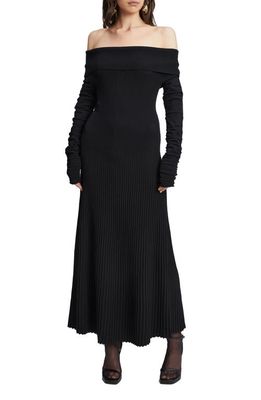 Bardot Marta Pleated Off the Shoulder Long Sleeve Maxi Dress in Black