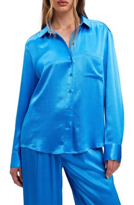 Bardot Satin Crepe Button-Up Shirt in Bold Blue