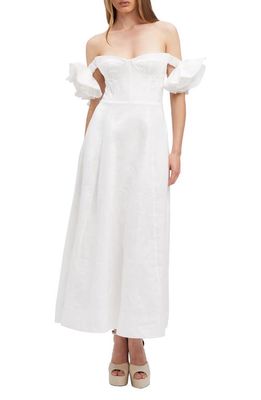 Bardot Sigma Corset Off the Shoulder Linen Midi Dress in Orchid White